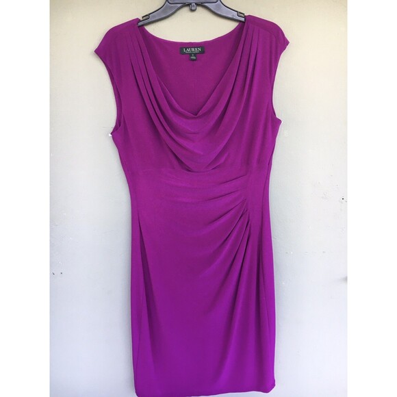 Lauren Ralph Lauren Ruched Cowl Neck Cocktail Dress Magenta Womens 12 Draped - Picture 3 of 14